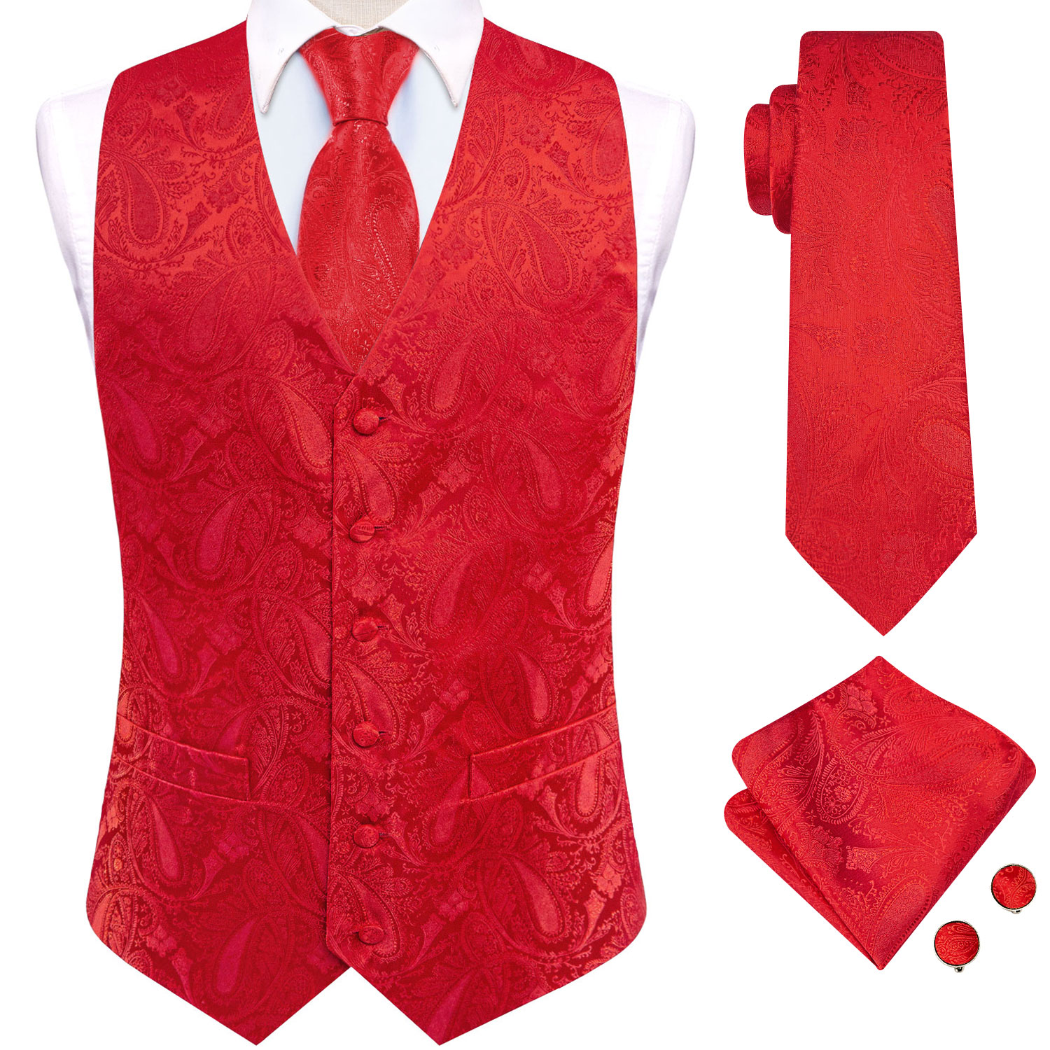 Bright Red Paisley Jacquard Wa - Mens Grooming Kit For Wedding 评论和价格